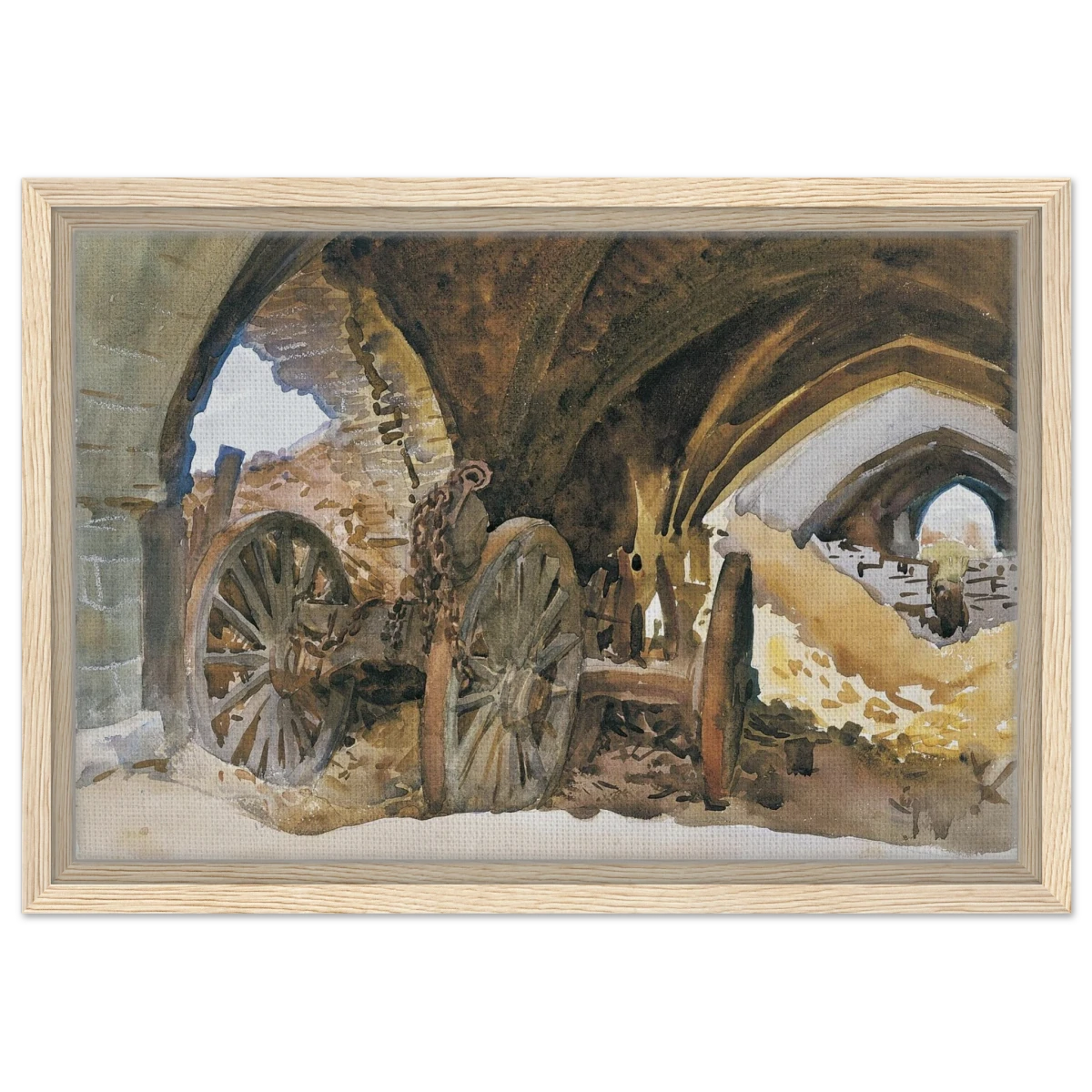 "Wheels in Vault" by John Singer Sargent – Industrial Impressionist Wall Art Print - Framed Canvas - 30x45 cm / 12x18″ - Wood frame