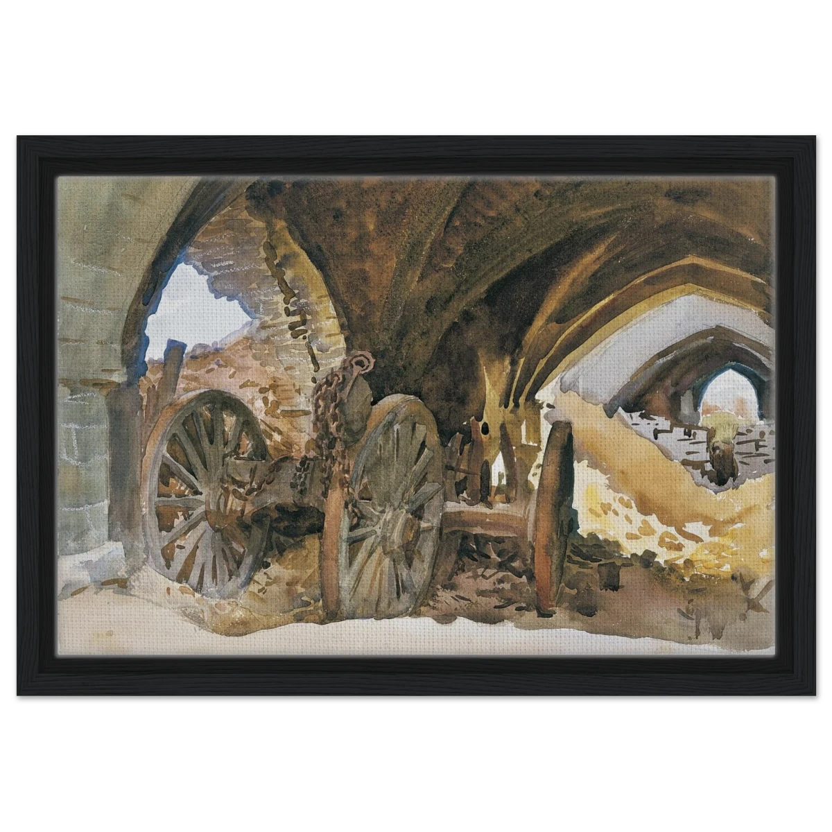 "Wheels in Vault" by John Singer Sargent – Industrial Impressionist Wall Art Print - Framed Canvas - 30x45 cm / 12x18″ - Black frame