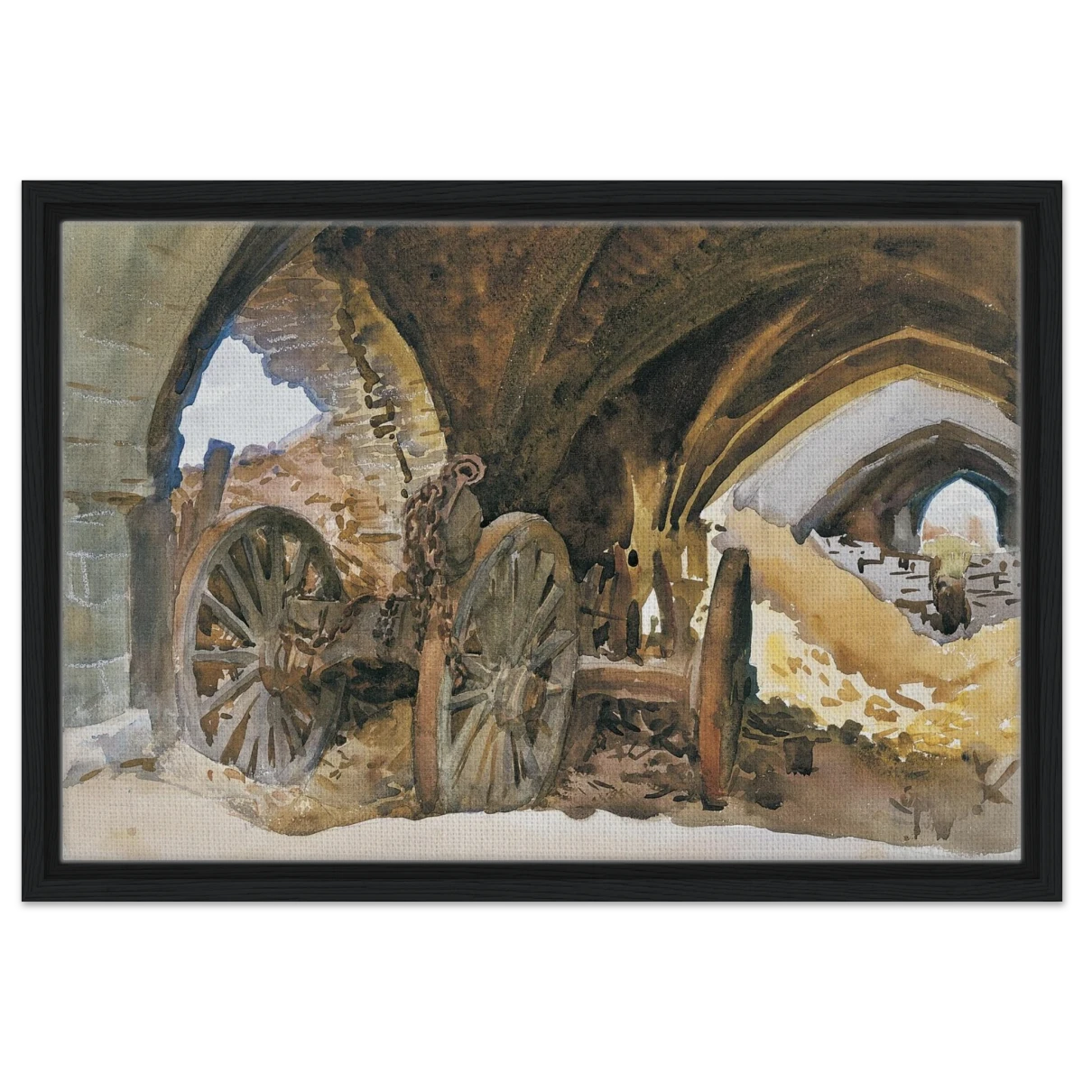 "Wheels in Vault" by John Singer Sargent – Industrial Impressionist Wall Art Print - Framed Canvas - 40x60 cm / 16x24″ - Black frame