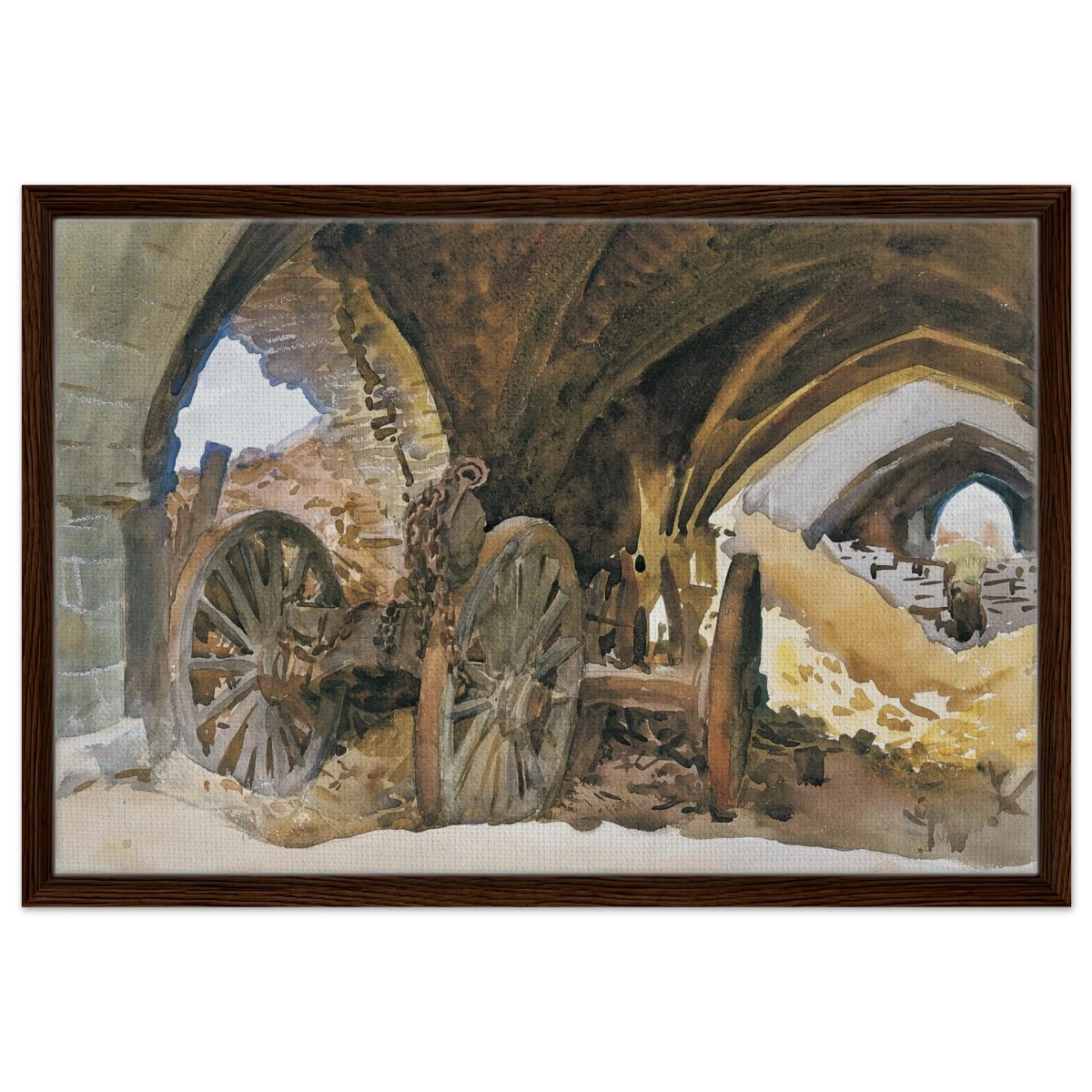 "Wheels in Vault" by John Singer Sargent – Industrial Impressionist Wall Art Print - Framed Canvas - 50x75 cm / 20x30″ - Dark wood frame