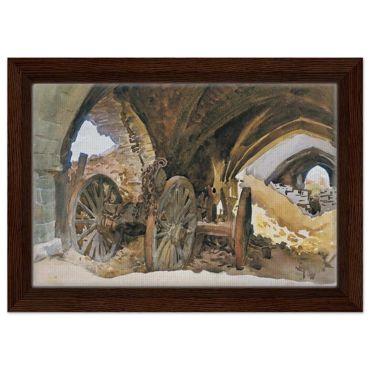 "Wheels in Vault" by John Singer Sargent – Industrial Impressionist Wall Art Print - Framed Canvas - 20x30 cm / 8x12″ - Dark wood frame