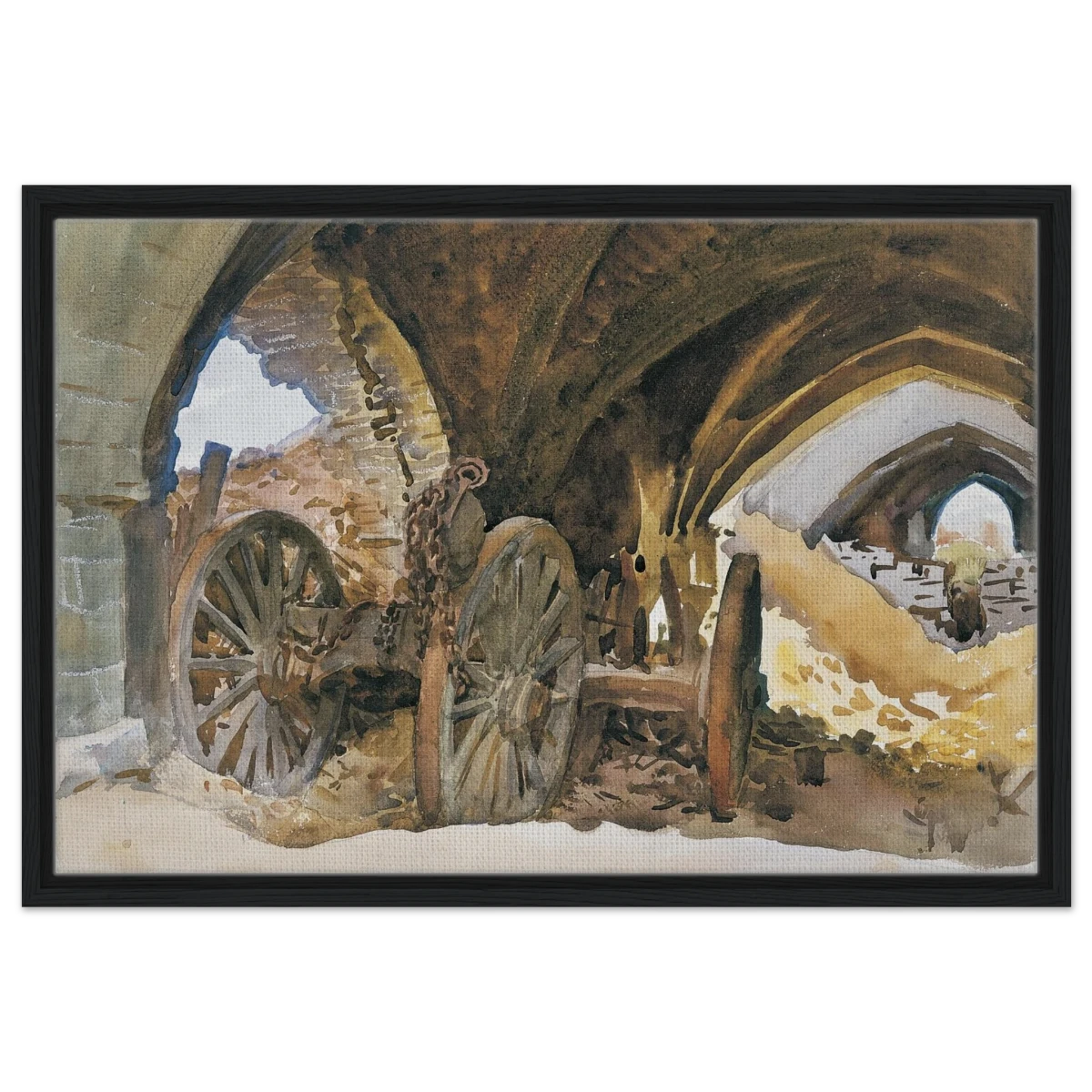 "Wheels in Vault" by John Singer Sargent – Industrial Impressionist Wall Art Print - Framed Canvas - 50x75 cm / 20x30″ - Black frame