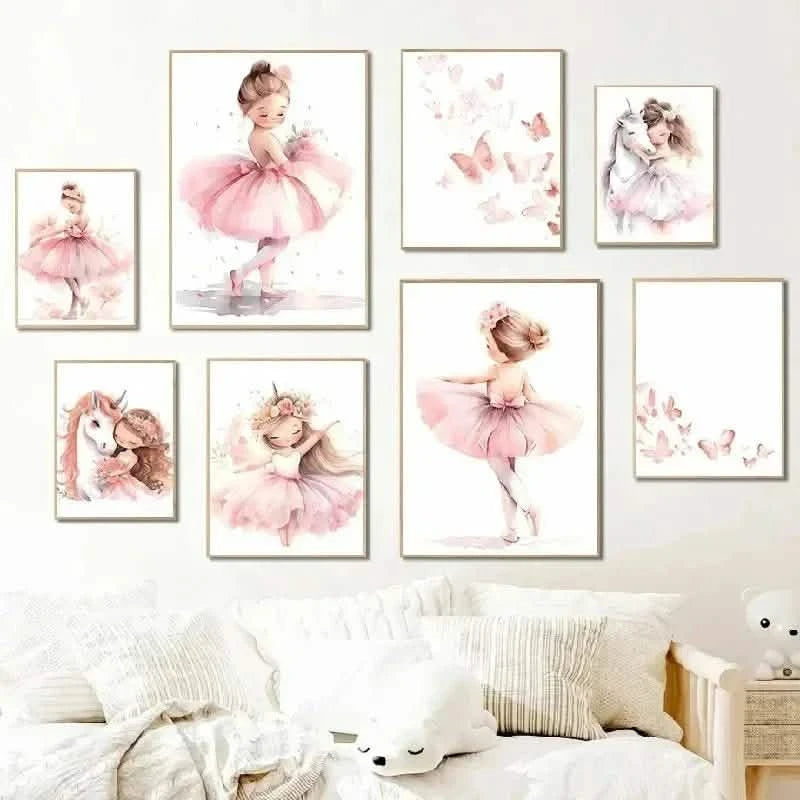 Whimsical Dreams – Pink Wall Art Canvas wall art Ballerina Girl Unicorn Butterfly Kids Room Decor Nursery Poster Pictures Wall Decor - 30x40cm No Frame - Golden Blooms -