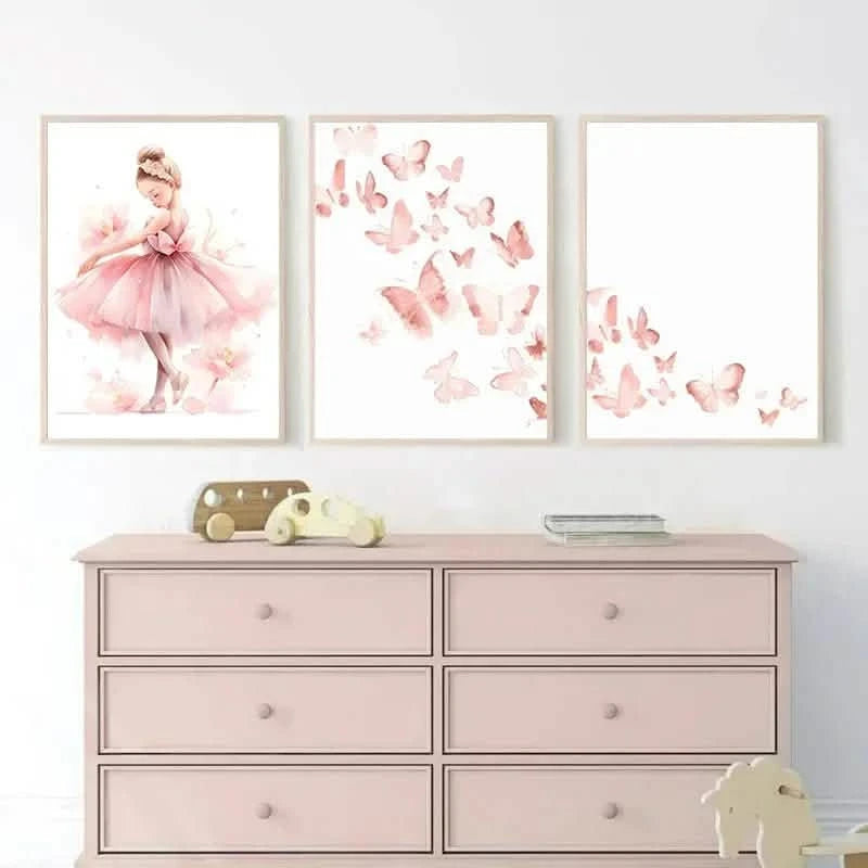 Whimsical Dreams – Pink Wall Art Canvas wall art Ballerina Girl Unicorn Butterfly Kids Room Decor Nursery Poster Pictures Wall Decor - 30x40cm No Frame - Golden Blooms -