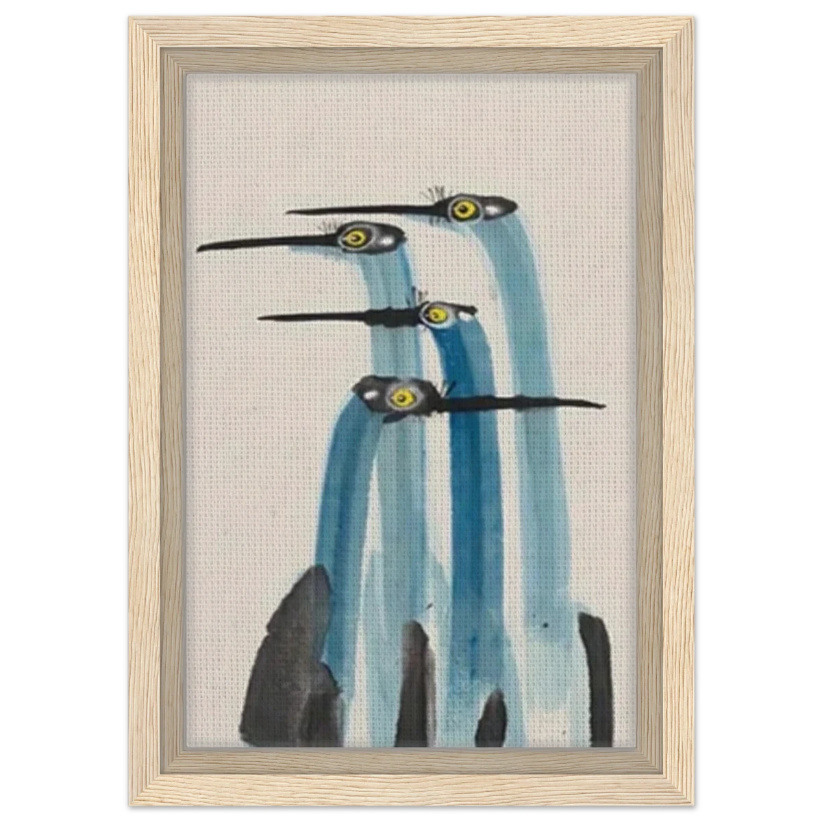 Whimsical Flight – Abstract Watercolor Herons | Wall art Print - Framed Canvas - 20x30 cm / 8x12″ - Wood frame
