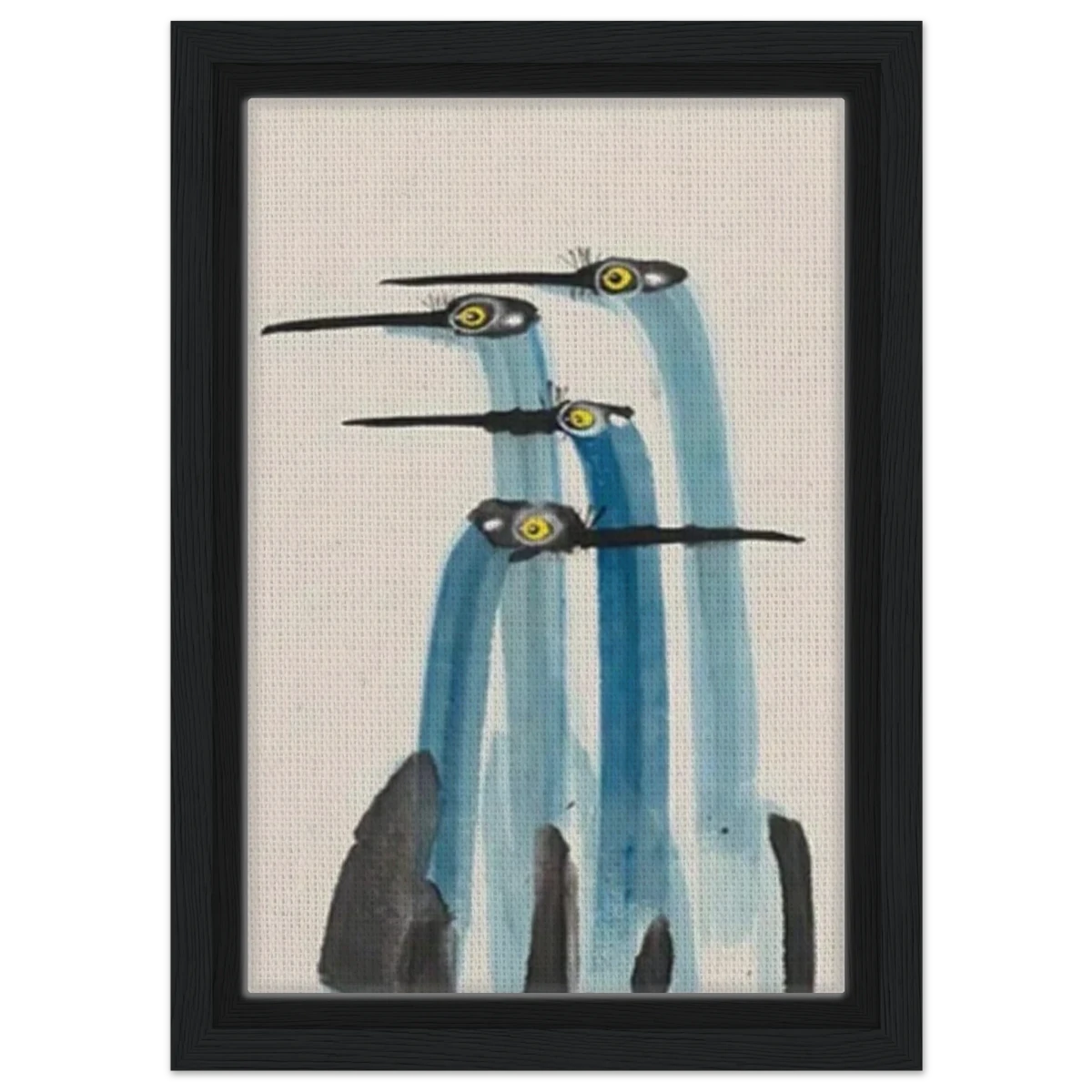 Whimsical Flight – Abstract Watercolor Herons | Wall art Print - Framed Canvas - 20x30 cm / 8x12″ - Black frame