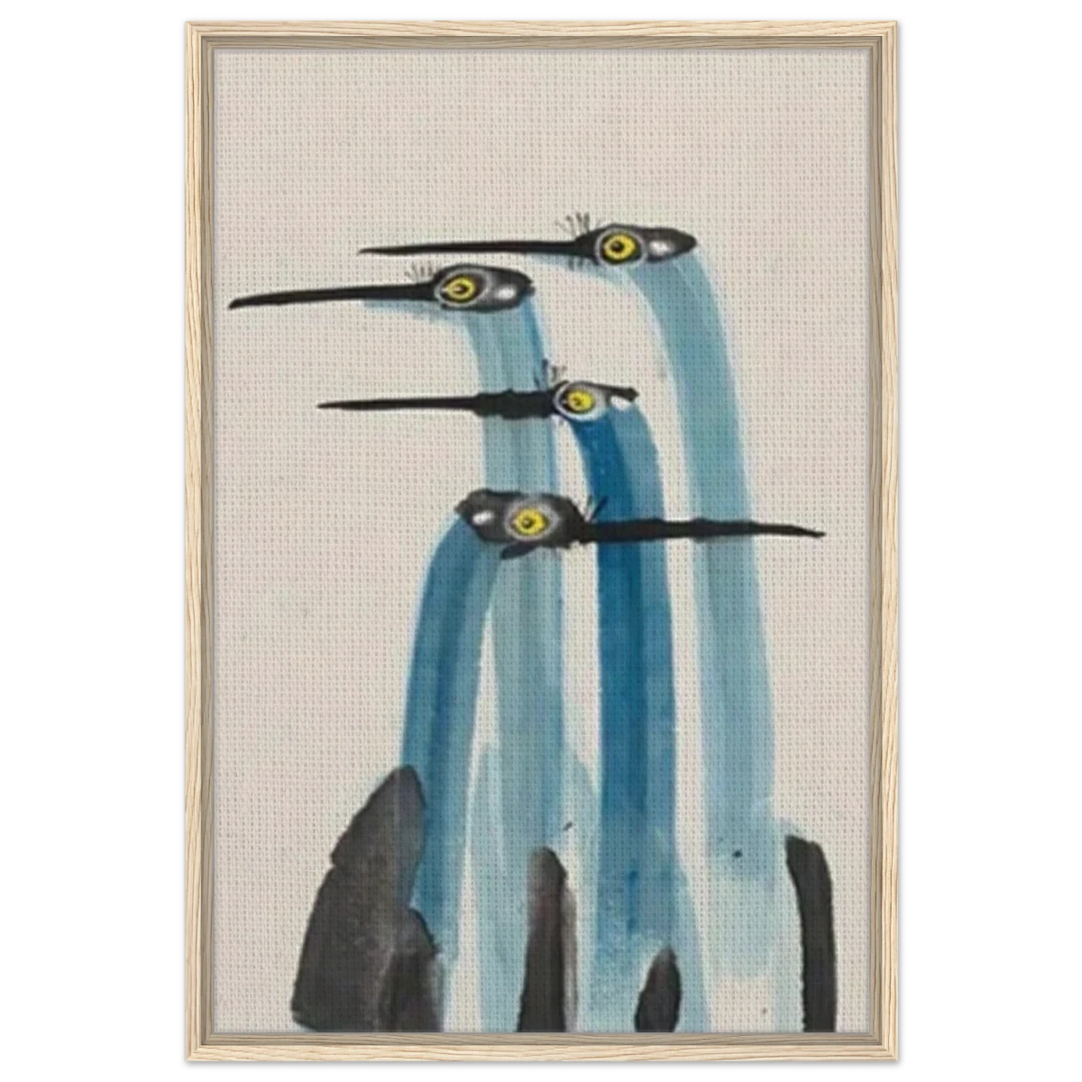 Whimsical Flight – Abstract Watercolor Herons | Wall art Print - Framed Canvas - 60x90 cm / 24x36″ - Wood frame