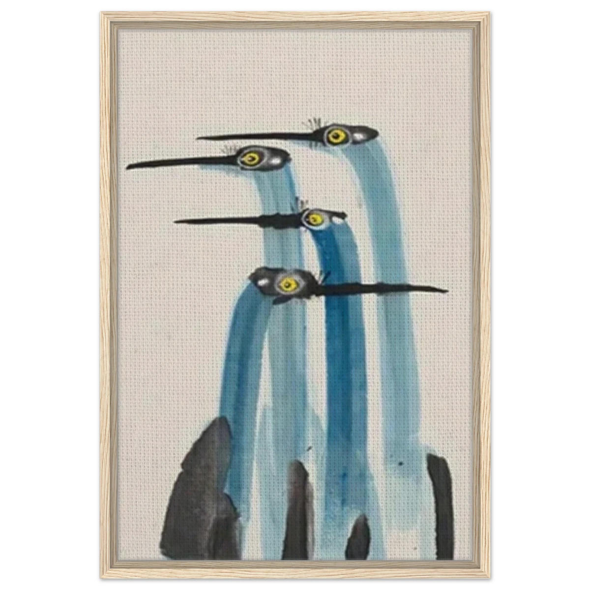 Whimsical Flight – Abstract Watercolor Herons | Wall art Print - Framed Canvas - 50x75 cm / 20x30″ - Wood frame