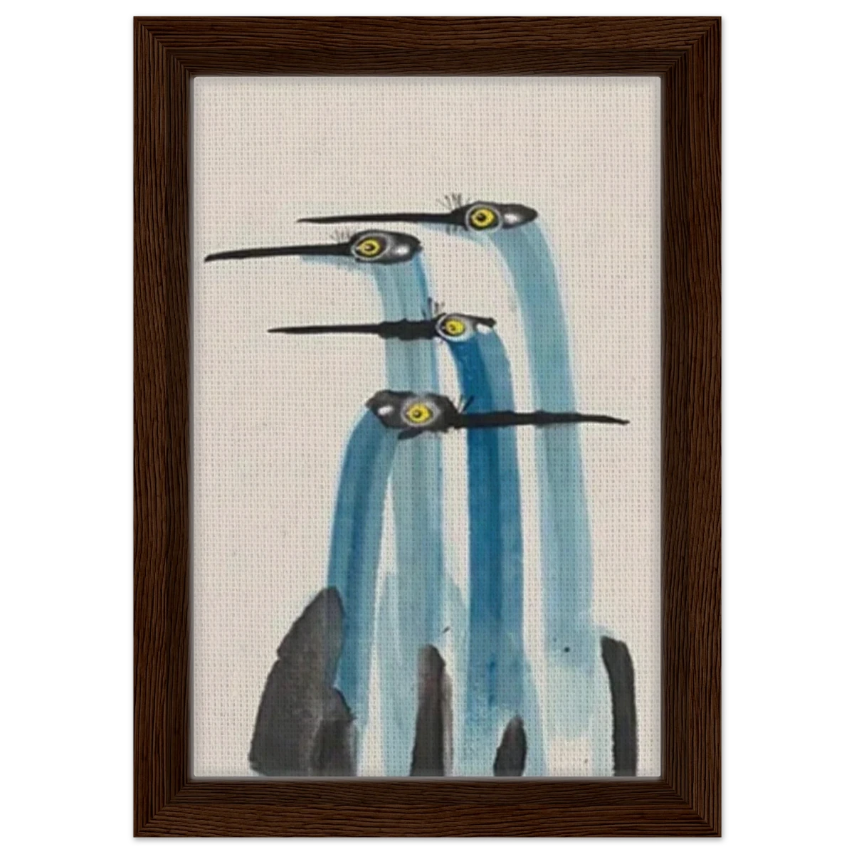 Whimsical Flight – Abstract Watercolor Herons | Wall art Print - Framed Canvas - 20x30 cm / 8x12″ - Dark wood frame