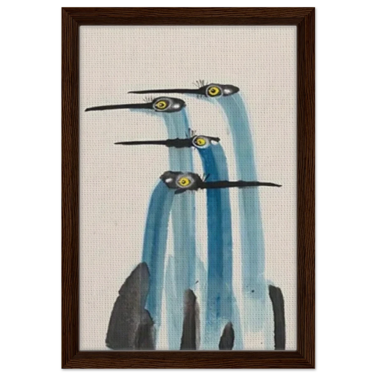 Whimsical Flight – Abstract Watercolor Herons | Wall art Print - Framed Canvas - 30x45 cm / 12x18″ - Dark wood frame