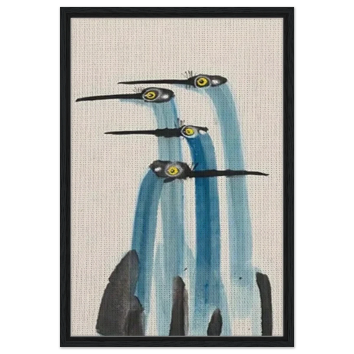 Whimsical Flight – Abstract Watercolor Herons | Wall art Print - Framed Canvas - 50x75 cm / 20x30″ - Black frame