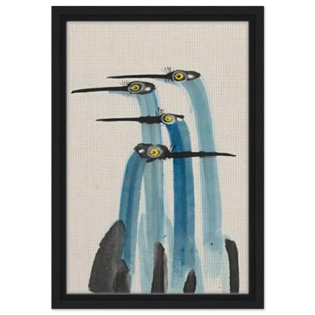Whimsical Flight – Abstract Watercolor Herons | Wall art Print - Framed Canvas - 30x45 cm / 12x18″ - Black frame