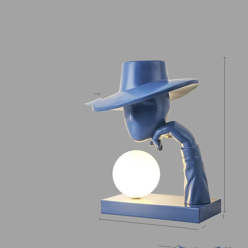 Whimsical Sitting People Resin Lamp – Modern Decorative Sculpture with Glass Lampshade - Blue with tricolour light -