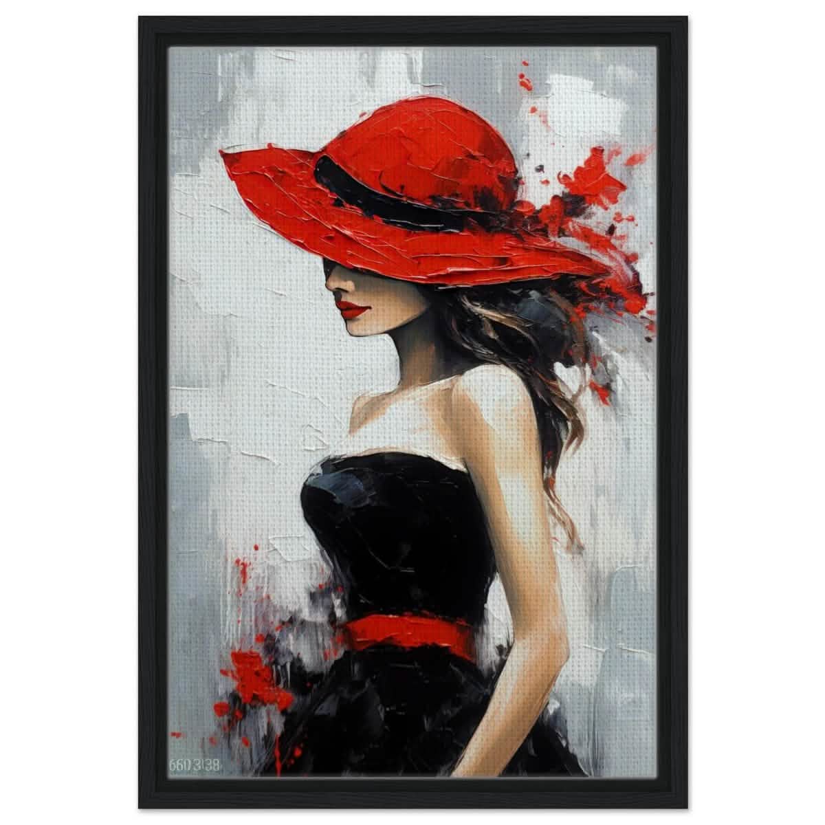 Whispers of Chic: The Lady with the Red Hat | Modern Figurative Art Wall art print - Framed Canvas - 40x60 cm / 16x24″ - Black frame