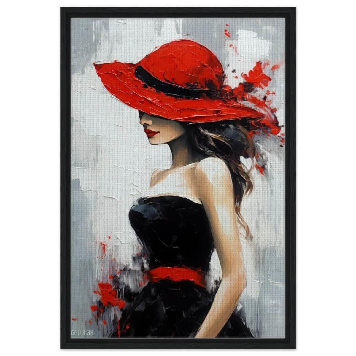 Whispers of Chic: The Lady with the Red Hat | Modern Figurative Art Wall art print - Framed Canvas - 50x75 cm / 20x30″ - Black frame