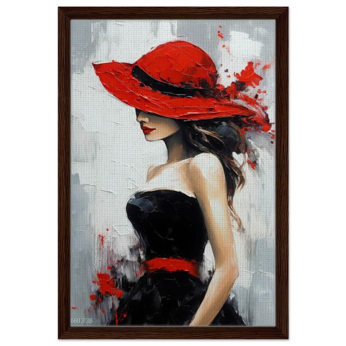 Whispers of Chic: The Lady with the Red Hat | Modern Figurative Art Wall art print - Framed Canvas - 40x60 cm / 16x24″ - Dark wood frame