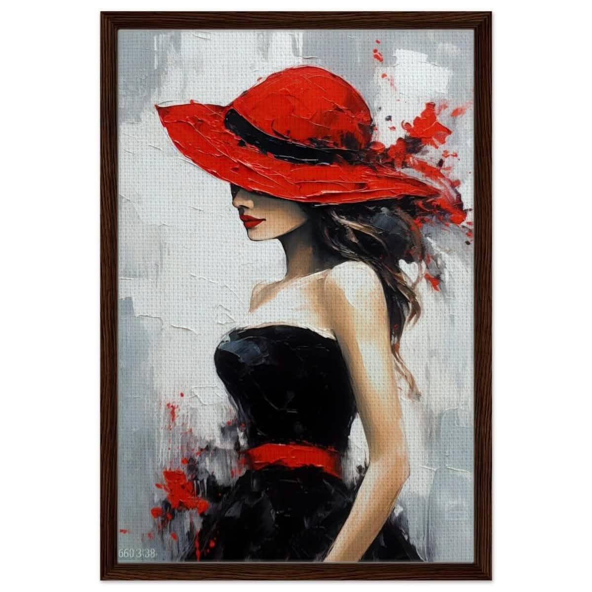 Whispers of Chic: The Lady with the Red Hat | Modern Figurative Art Wall art print - Framed Canvas - 50x75 cm / 20x30″ - Dark wood frame