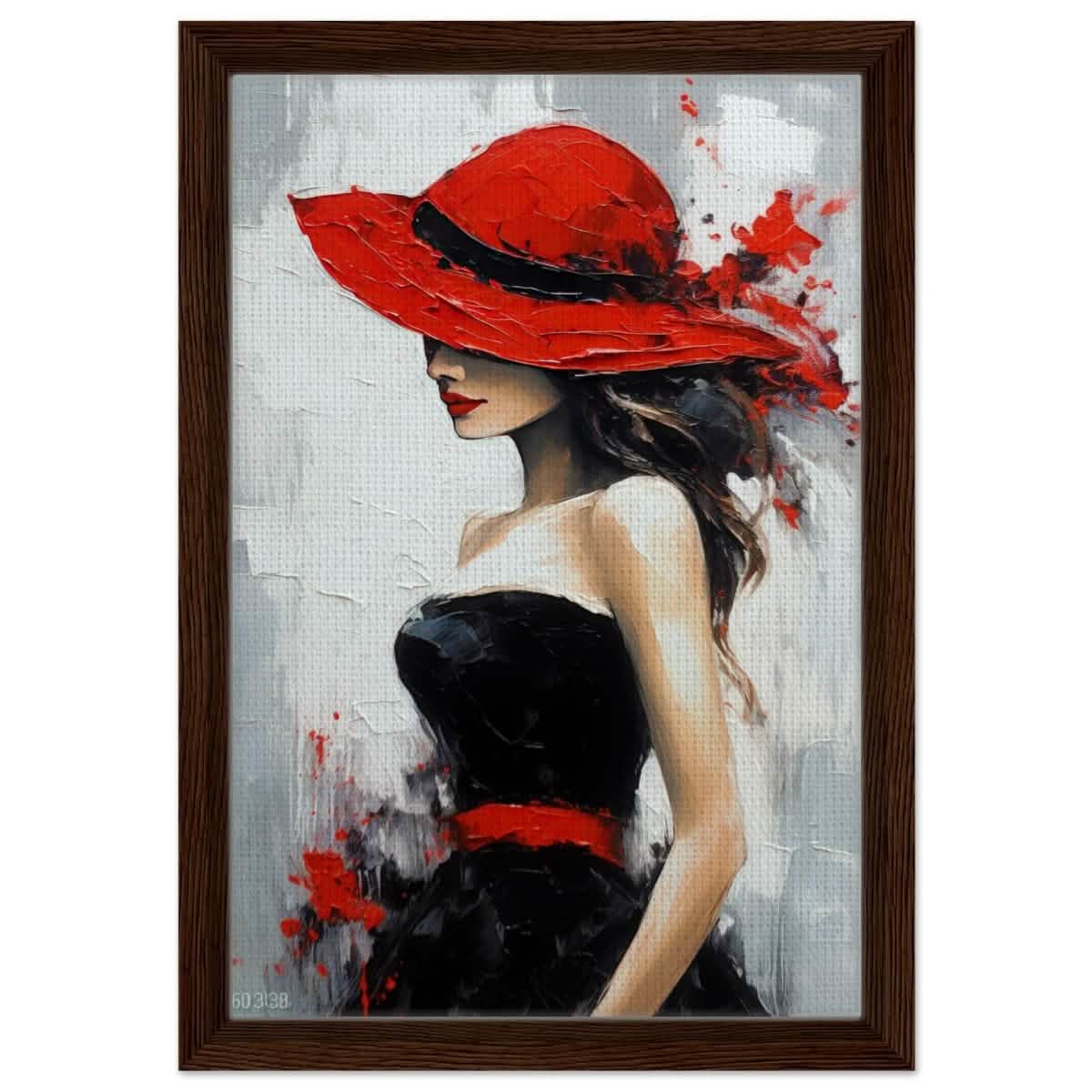 Whispers of Chic: The Lady with the Red Hat | Modern Figurative Art Wall art print - Framed Canvas - 30x45 cm / 12x18″ - Dark wood frame