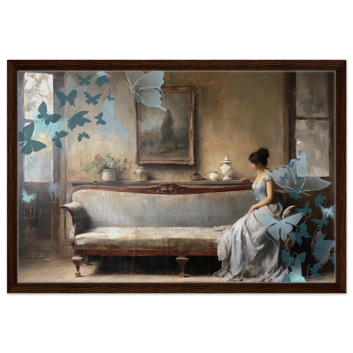 "Whispers of Solitude" – Romantic Realism with a Surreal Twist - Framed Canvas - 50x75 cm / 20x30″ - Dark wood frame