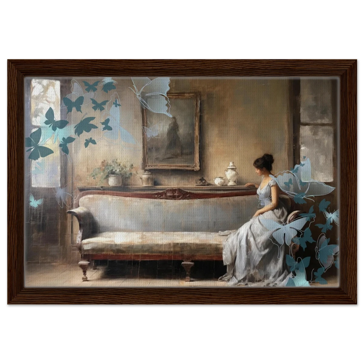 "Whispers of Solitude" – Romantic Realism with a Surreal Twist - Framed Canvas - 30x45 cm / 12x18″ - Dark wood frame