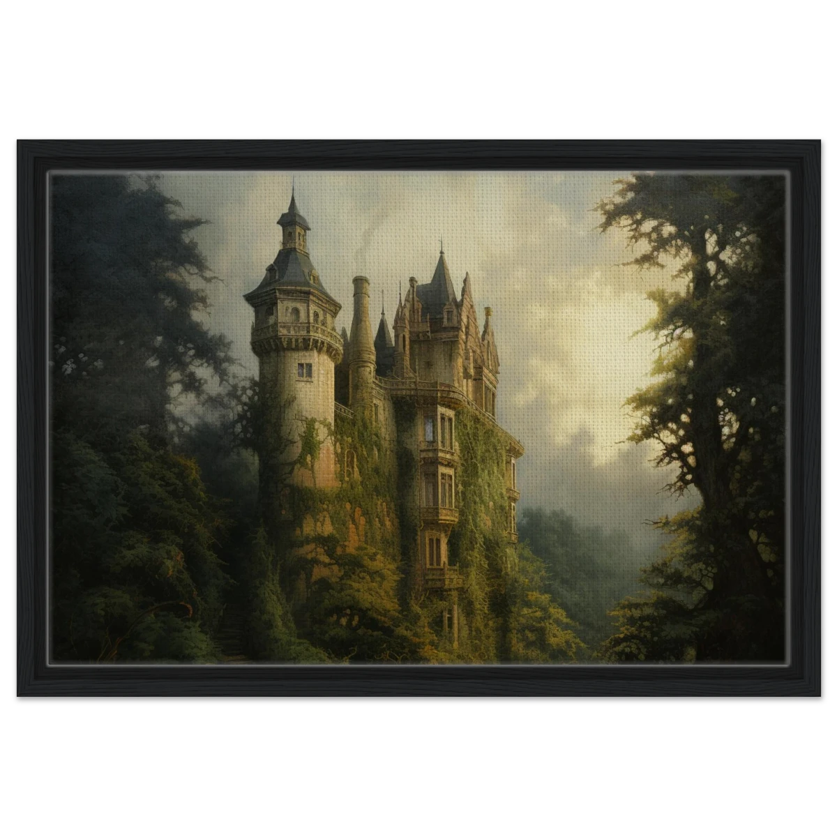 "Whispers of the Ivy Keep" Dreamlike Castle Wall Art Print - Framed Canvas - 40x60 cm / 16x24″ - Black frame