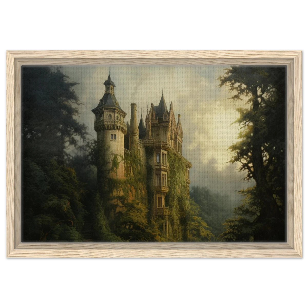 "Whispers of the Ivy Keep" Dreamlike Castle Wall Art Print - Framed Canvas - 30x45 cm / 12x18″ - Wood frame