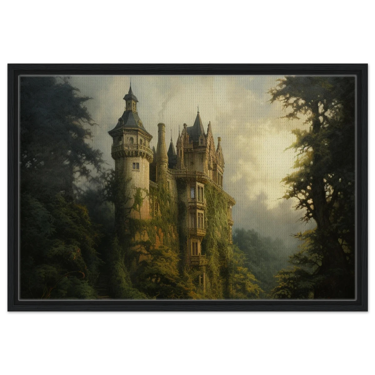 "Whispers of the Ivy Keep" Dreamlike Castle Wall Art Print - Framed Canvas - 50x75 cm / 20x30″ - Black frame