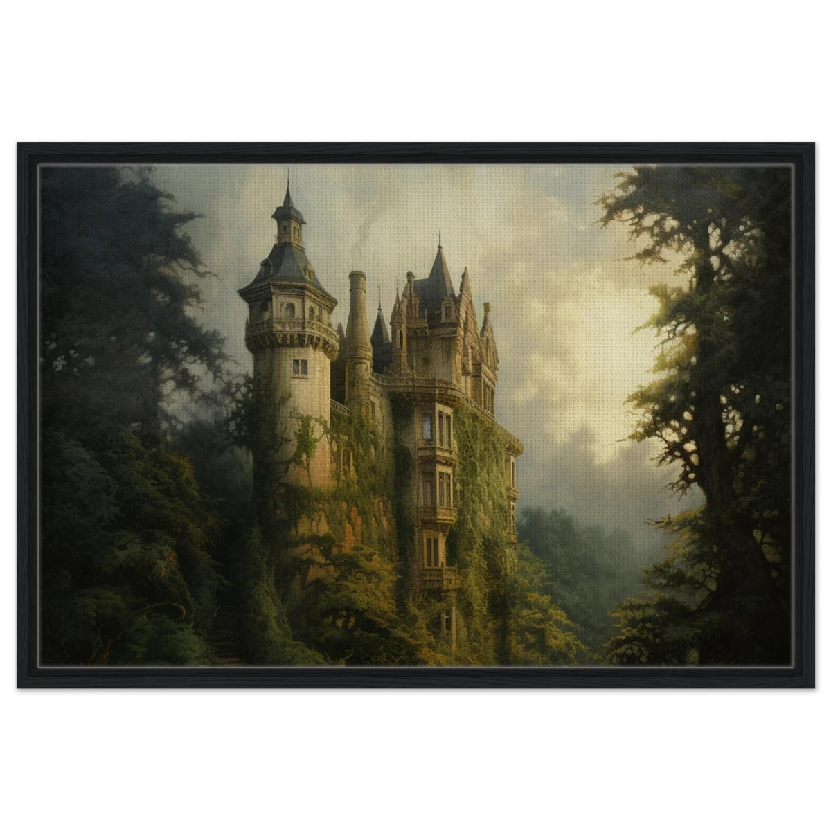 "Whispers of the Ivy Keep" Dreamlike Castle Wall Art Print - Framed Canvas - 60x90 cm / 24x36″ - Black frame