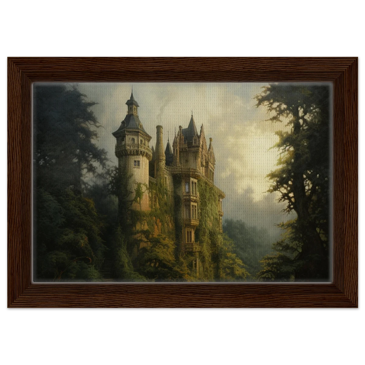 "Whispers of the Ivy Keep" Dreamlike Castle Wall Art Print - Framed Canvas - 20x30 cm / 8x12″ - Dark wood frame