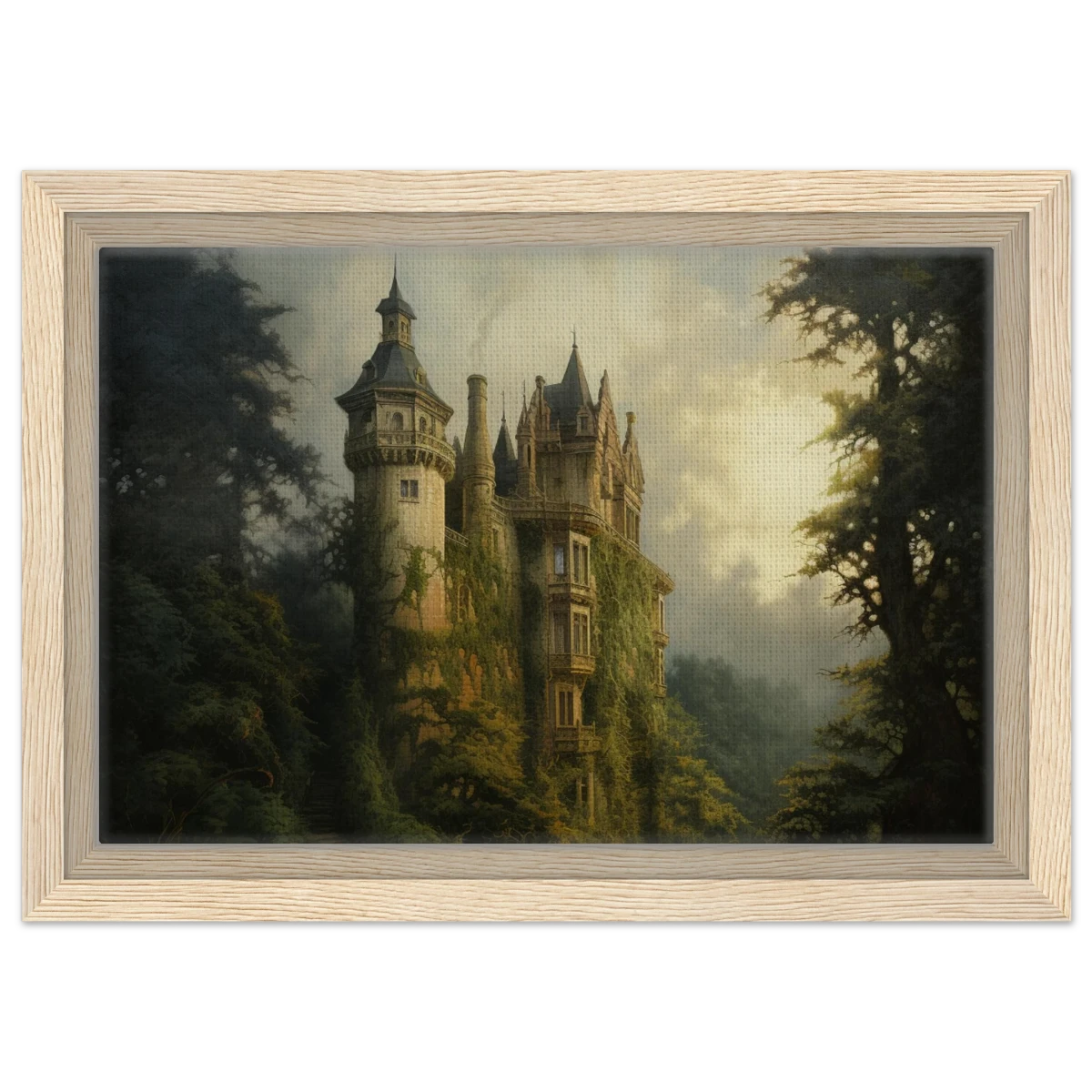 "Whispers of the Ivy Keep" Dreamlike Castle Wall Art Print - Framed Canvas - 20x30 cm / 8x12″ - Wood frame