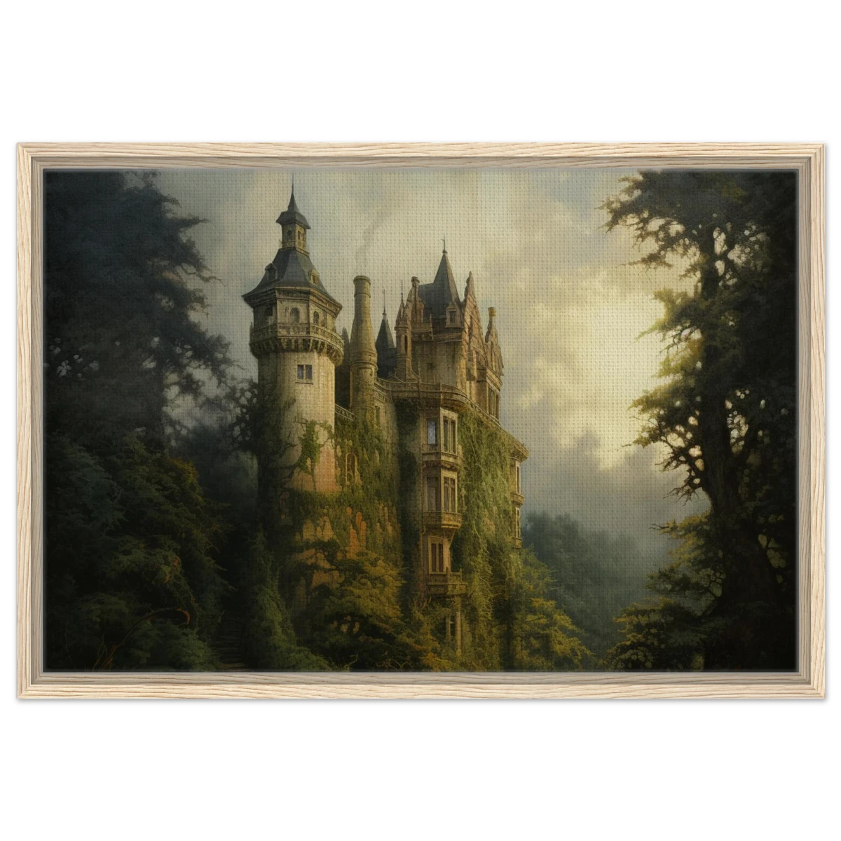 "Whispers of the Ivy Keep" Dreamlike Castle Wall Art Print - Framed Canvas - 50x75 cm / 20x30″ - Wood frame