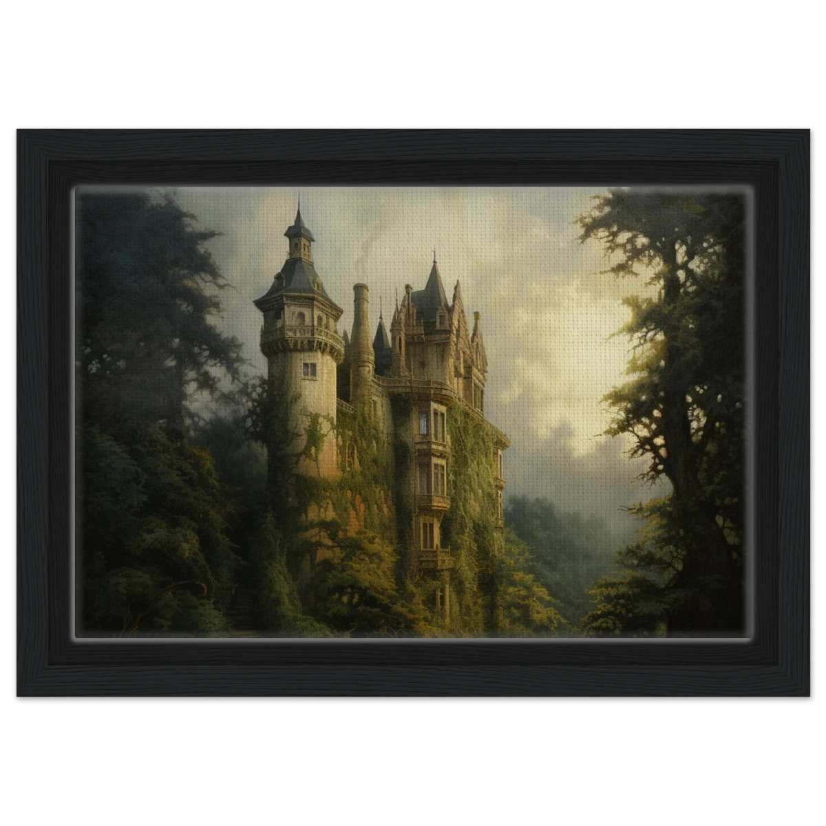 "Whispers of the Ivy Keep" Dreamlike Castle Wall Art Print - Framed Canvas - 20x30 cm / 8x12″ - Black frame