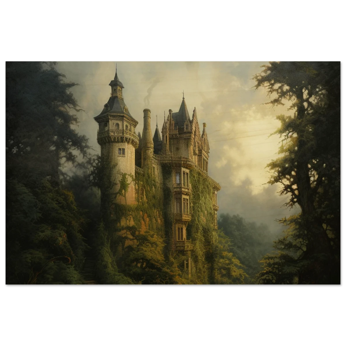"Whispers of the Ivy Keep" Dreamlike Castle Wall Art Print - Wood Prints - 60x90 cm / 24x36″ -