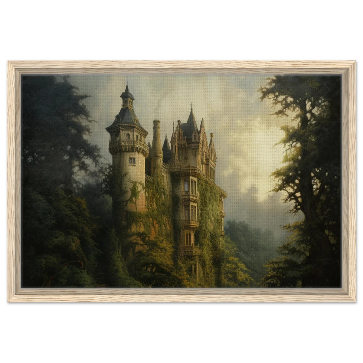 "Whispers of the Ivy Keep" Dreamlike Castle Wall Art Print - Framed Canvas - 40x60 cm / 16x24″ - Wood frame