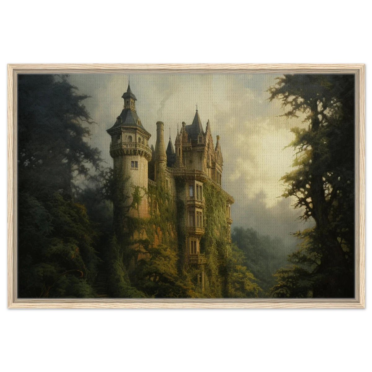 "Whispers of the Ivy Keep" Dreamlike Castle Wall Art Print - Framed Canvas - 60x90 cm / 24x36″ - Wood frame