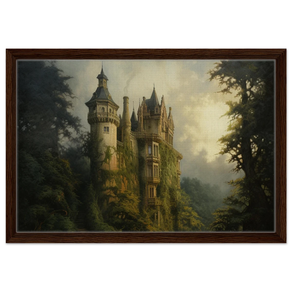"Whispers of the Ivy Keep" Dreamlike Castle Wall Art Print - Framed Canvas - 40x60 cm / 16x24″ - Dark wood frame