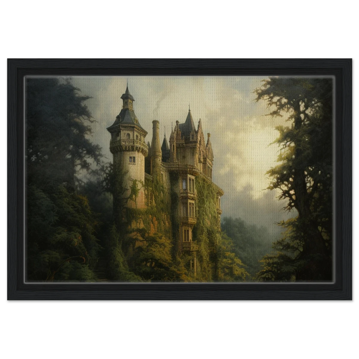 "Whispers of the Ivy Keep" Dreamlike Castle Wall Art Print - Framed Canvas - 30x45 cm / 12x18″ - Black frame