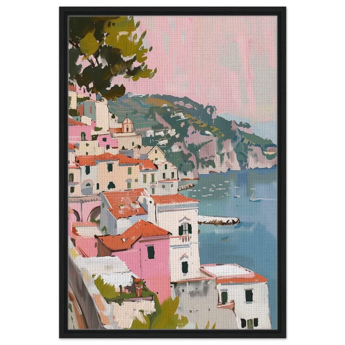 Whispers of the Riviera | Modern Impressionist Landscape Art | City and Scenic Views - Framed Canvas - 30x45 cm / 12x18″ - Black frame