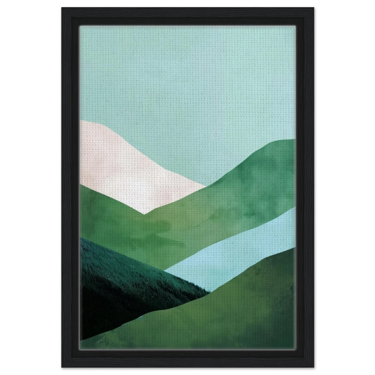 Whispers of the Valley – Minimalist Mountain Layers | wall art print - Framed Canvas - 30x45 cm / 12x18″ - Black frame