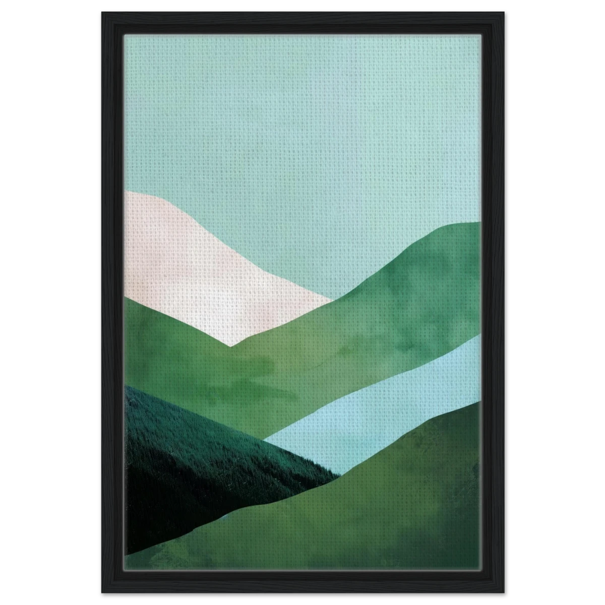 Whispers of the Valley – Minimalist Mountain Layers | wall art print - Framed Canvas - 40x60 cm / 16x24″ - Black frame