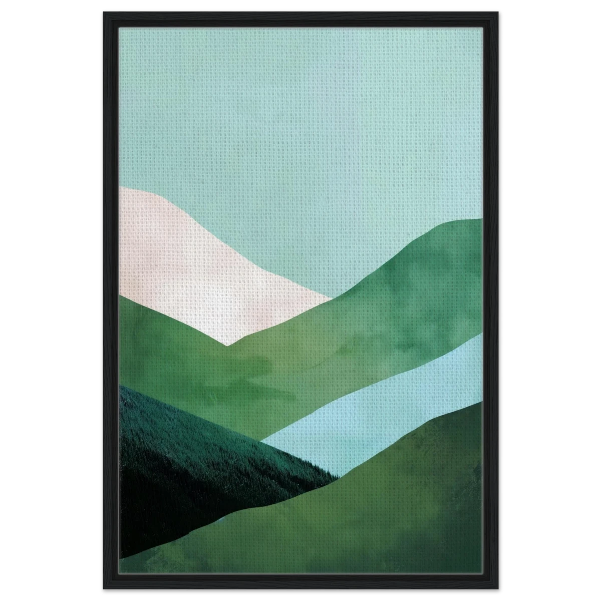 Whispers of the Valley – Minimalist Mountain Layers | wall art print - Framed Canvas - 60x90 cm / 24x36″ - Black frame