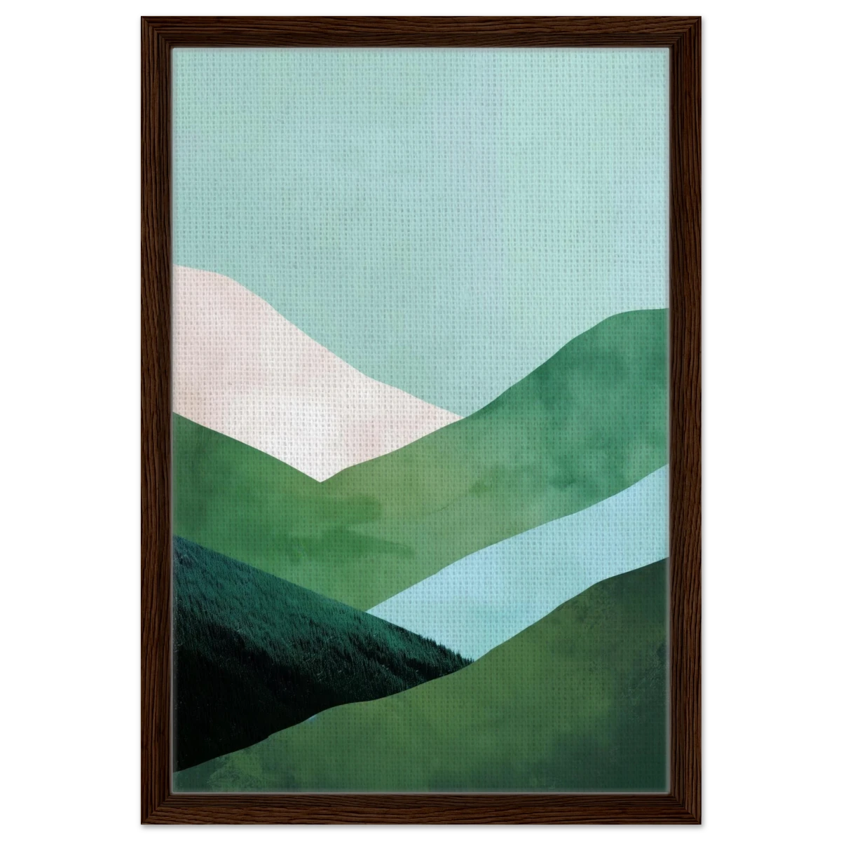 Whispers of the Valley – Minimalist Mountain Layers | wall art print - Framed Canvas - 40x60 cm / 16x24″ - Dark wood frame