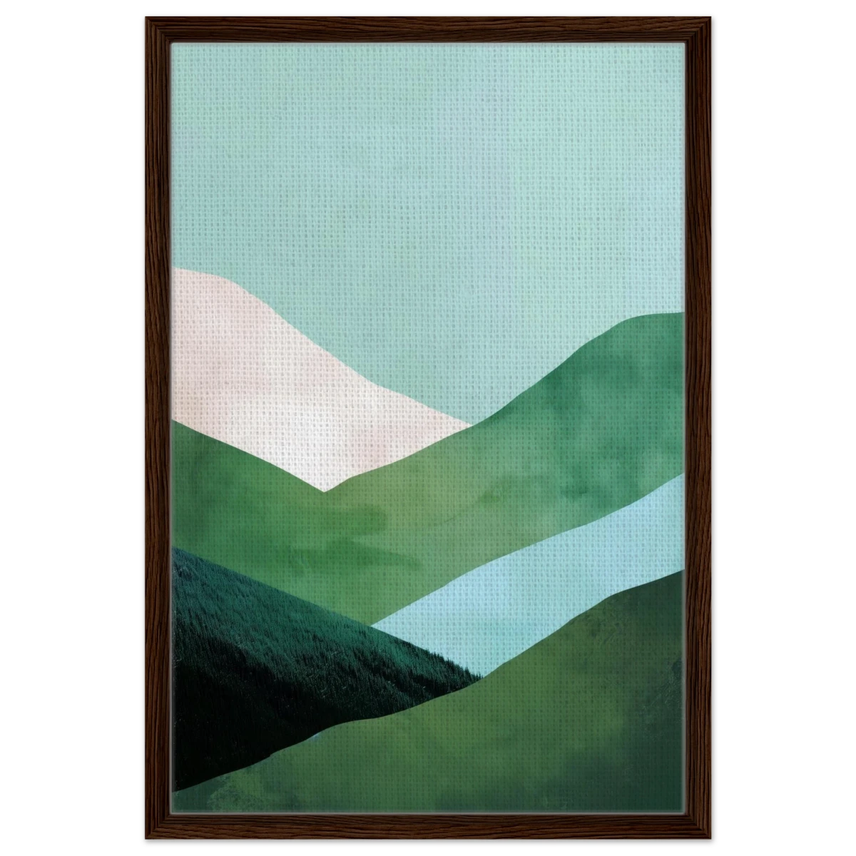 Whispers of the Valley – Minimalist Mountain Layers | wall art print - Framed Canvas - 50x75 cm / 20x30″ - Dark wood frame