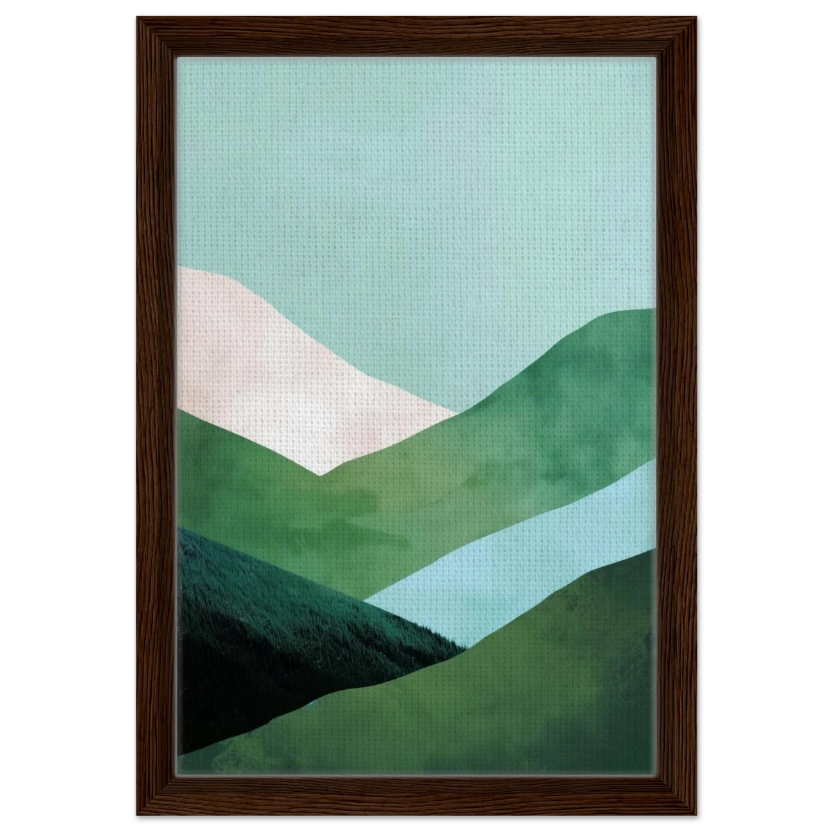 Whispers of the Valley – Minimalist Mountain Layers | wall art print - Framed Canvas - 30x45 cm / 12x18″ - Dark wood frame