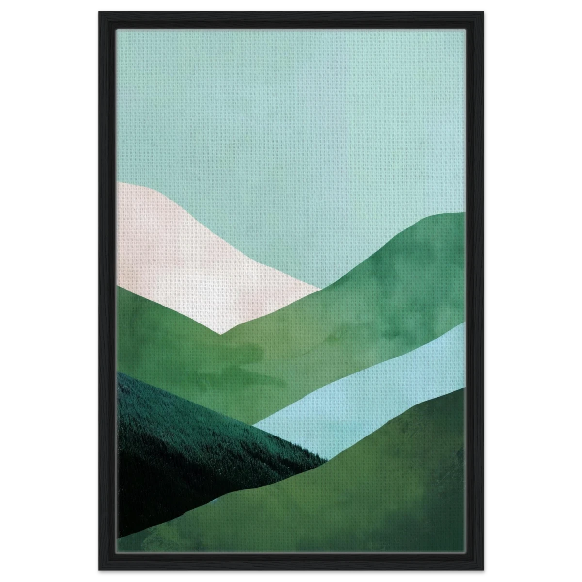 Whispers of the Valley – Minimalist Mountain Layers | wall art print - Framed Canvas - 50x75 cm / 20x30″ - Black frame