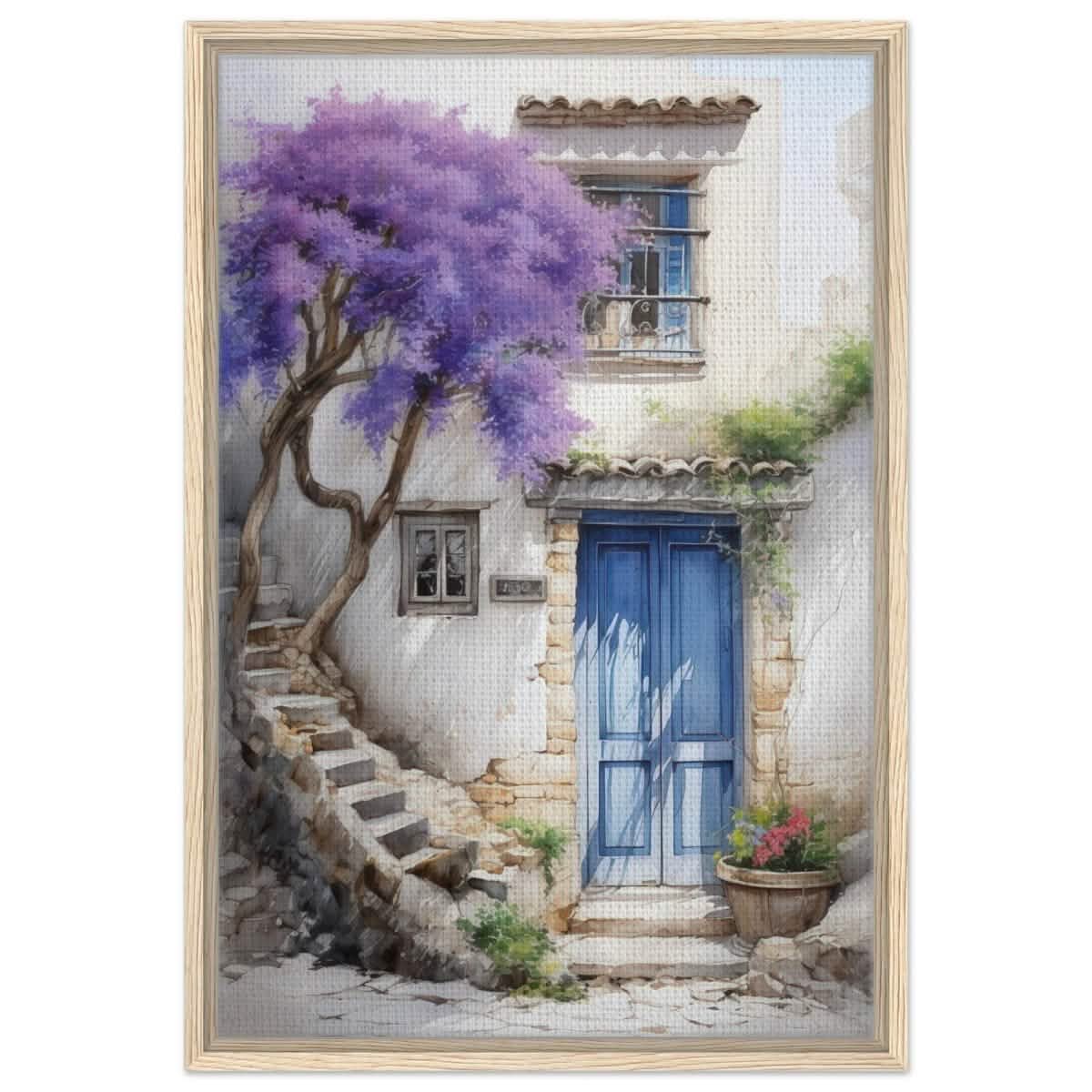 Whispers of Time: Blue Door Cottage with Blooming Jacaranda - Framed Canvas - 50x75 cm / 20x30″ - Wood frame