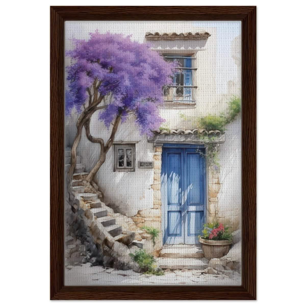 Whispers of Time: Blue Door Cottage with Blooming Jacaranda - Framed Canvas - 30x45 cm / 12x18″ - Dark wood frame