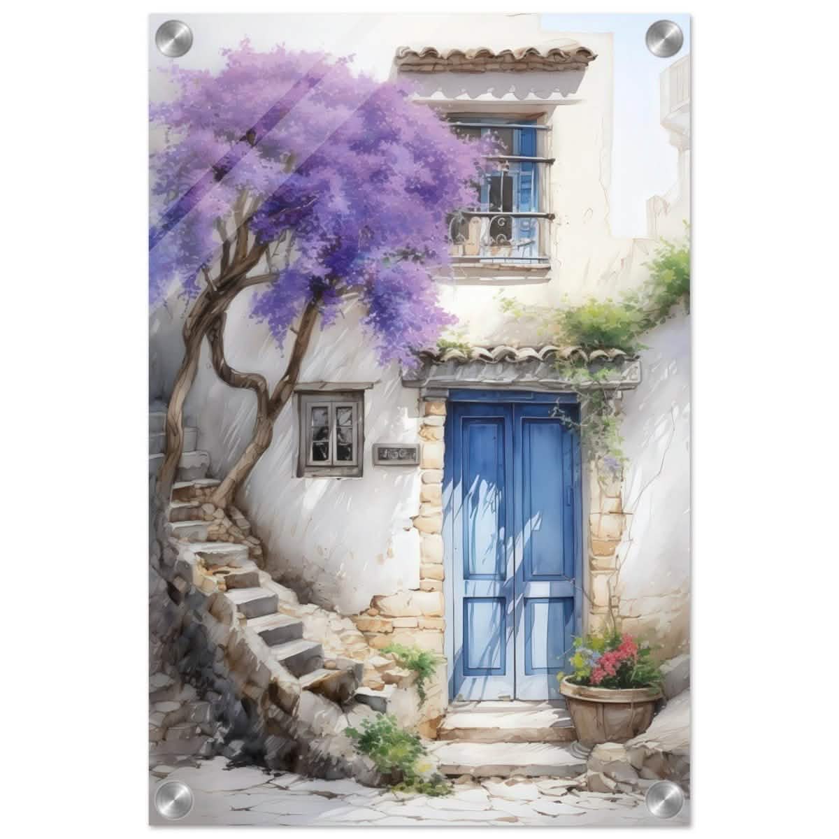 Whispers of Time: Blue Door Cottage with Blooming Jacaranda - Acrylic Print - 30x45 cm / 12x18″ -