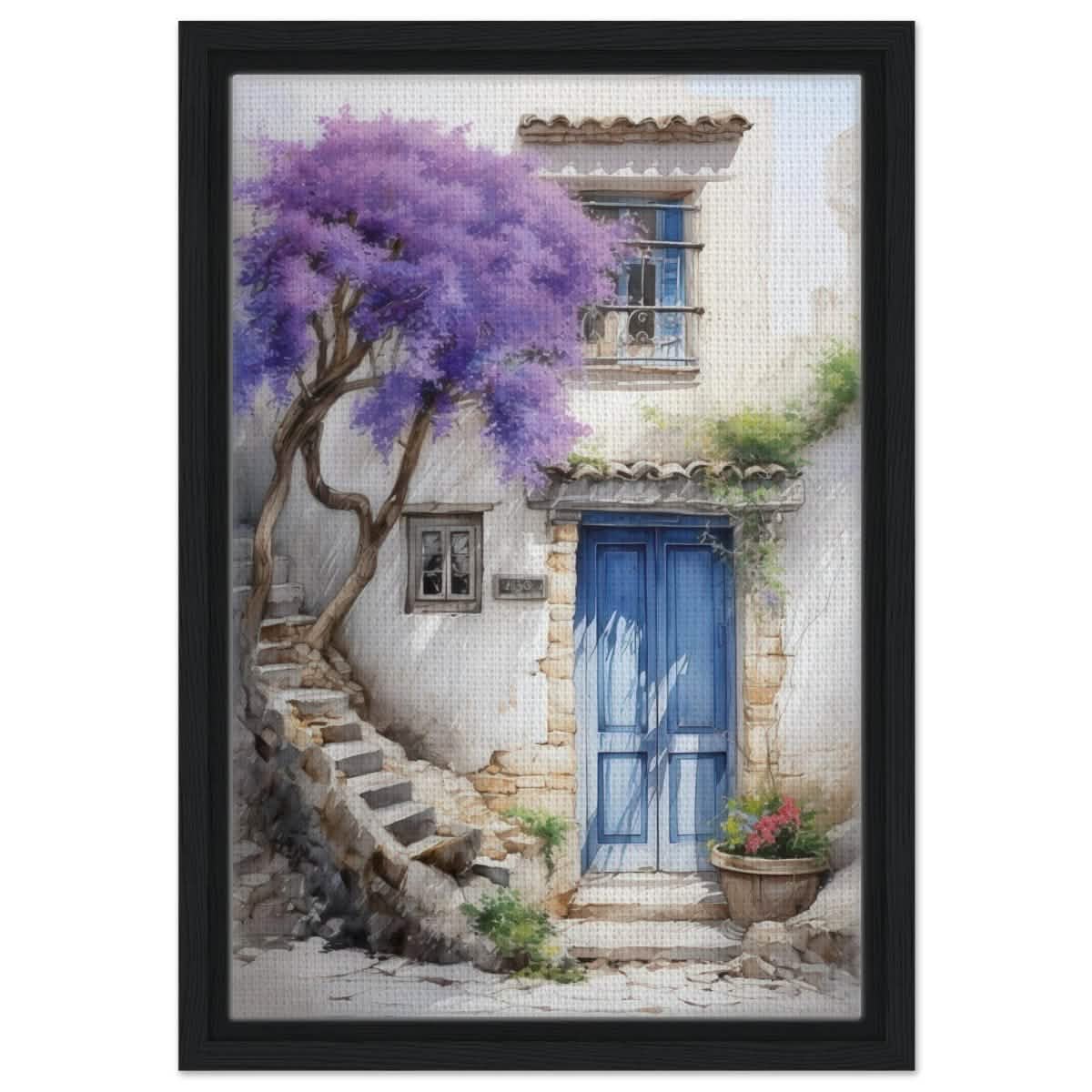 Whispers of Time: Blue Door Cottage with Blooming Jacaranda - Framed Canvas - 30x45 cm / 12x18″ - Black frame