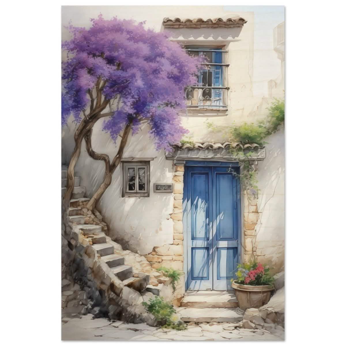 Whispers of Time: Blue Door Cottage with Blooming Jacaranda - Wood Prints - 50x75 cm / 20x30″ -